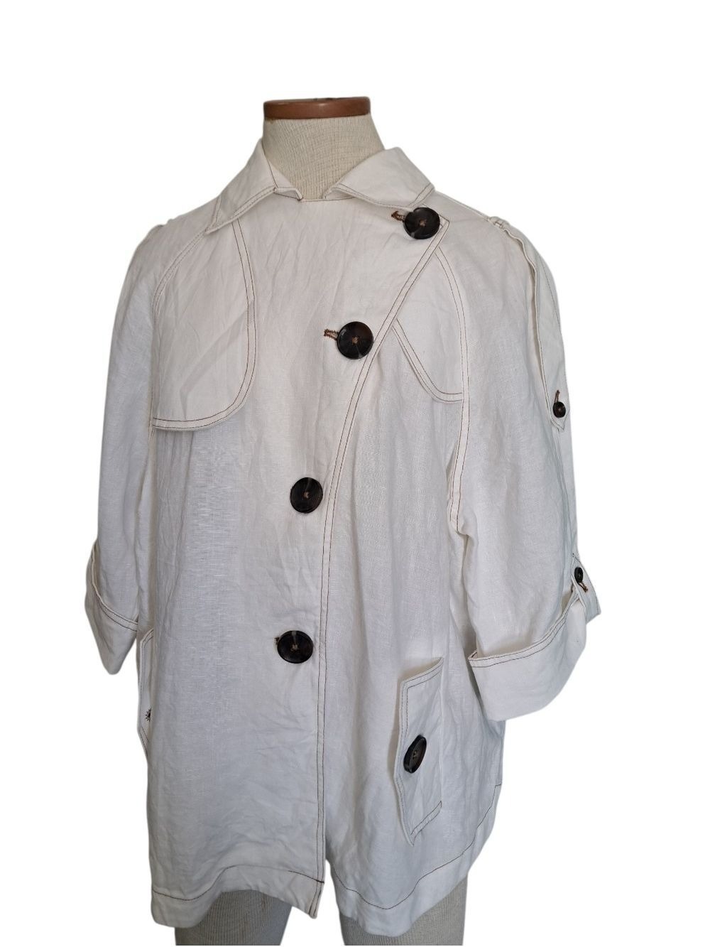Chicos Cropped Trench Jacket 100% Linen White Buttoned 3/4 Sleeve SZ 3 ladies XL